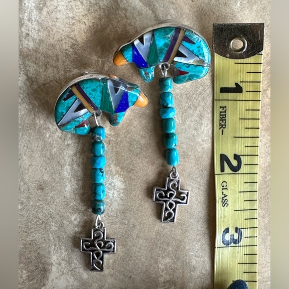 Gorgeous bear inlay sterling silver Native American turquoise sugilite earrings - Picture 7 of 12